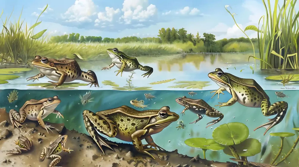 Imagem detalhada de rãs em seu habitat natural, com diversas rãs na margem e nadando em um rio ou lago, rodeadas por vegetação aquática e ambiente ao ar livre.