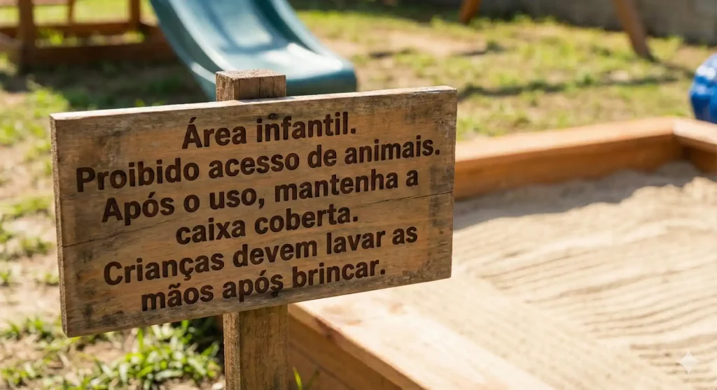 Placa de advertência em uma área infantil ao ar livre proibindo acesso de animais, solicitando higiene após o uso e lavagem de mãos após brincar.