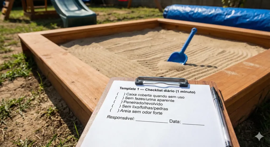 Esquina de uma caixa de areia ao ar livre com uma lista de verificação e uma pá azul dentro da caixa, localizada em um espaço de lazer ao ar livre.