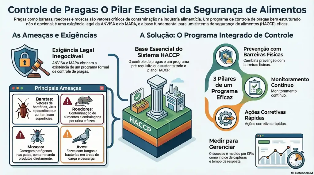 Infográfico detalhado sobre controle de pragas e segurança de alimentos, destacando a importância do sistema HACCP, suas ameaças, exigências legais, soluções e pilares essenciais.