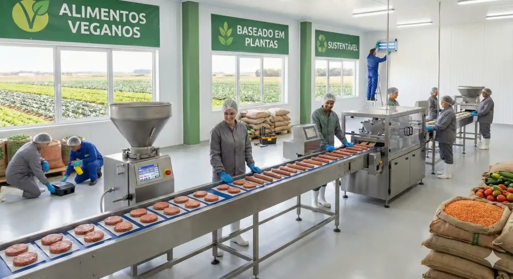 Fábrica de alimentos veganos com trabalhadores embalando produtos naturais, destacando o compromisso com a sustentabilidade e a alimentação baseada em plantas.