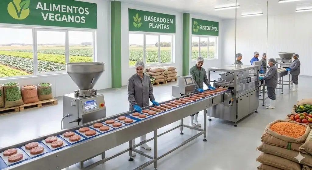 Fábrica de alimentos veganos produzindo opções baseadas em plantas, com equipe de funcionários operando máquinas em ambiente sustentável e livre de ingredientes animais.