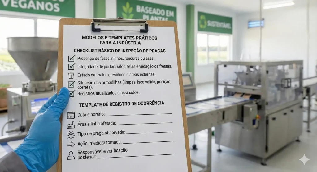 Procura por modelos e templates práticos para indústria, inspeção de pragas e registros de ocorrência em ambiente industrial moderno com equipamento eficiente.