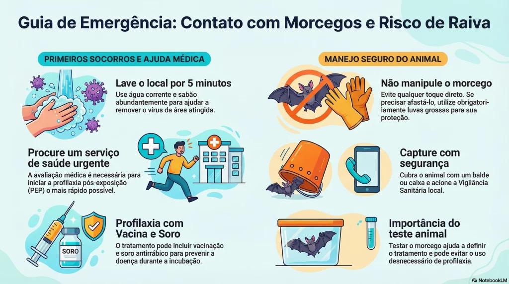 Guia de emergência sobre contato com morcegos e risco de raiva, destacando passos essenciais para precauções, sinais de exposição e quando procurar ajuda médica.