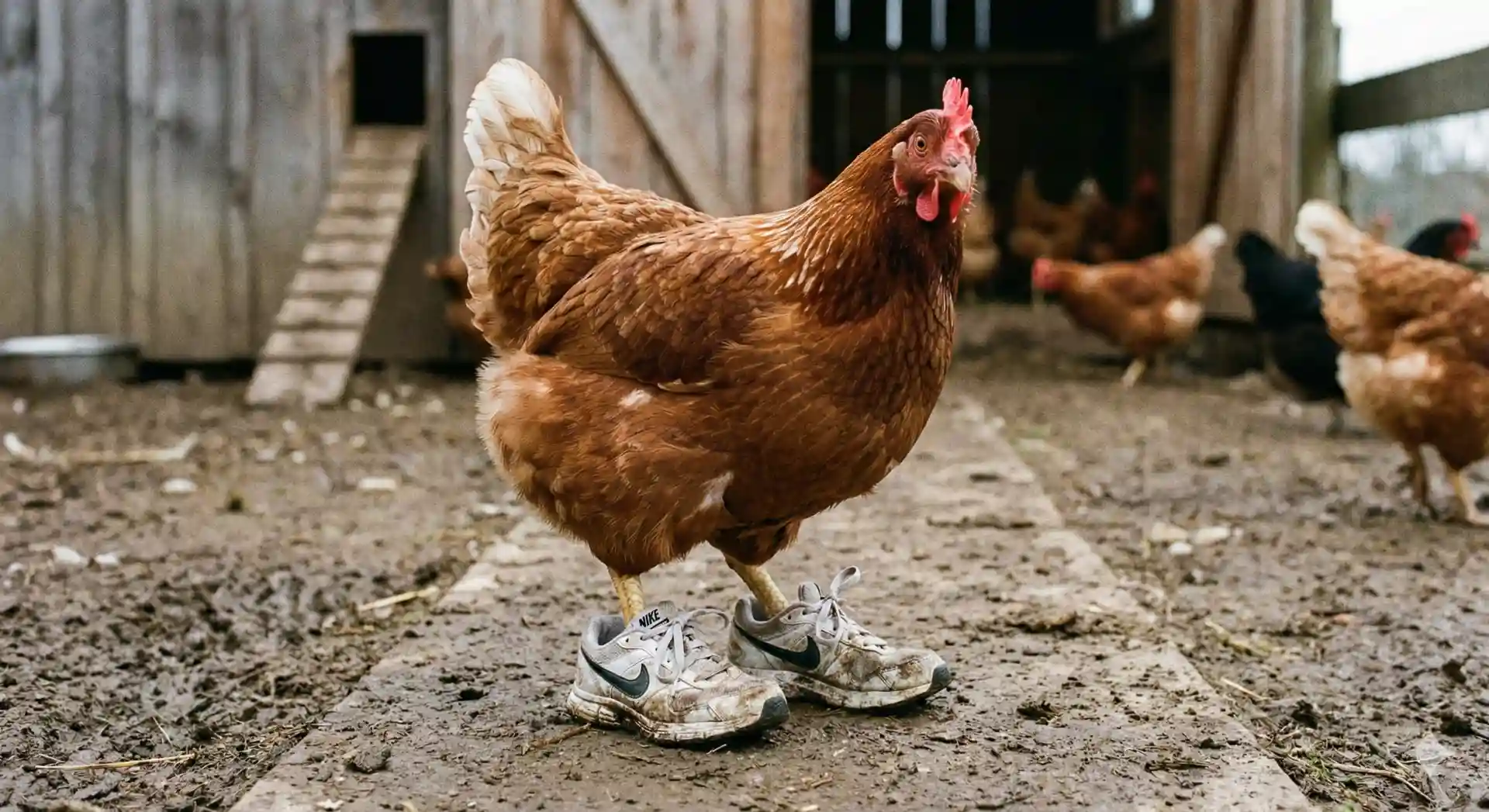 Galinha com tênis no ambiente de uma fazenda ou quintal, cercada por outras aves, destacando-se pela combinação inusitada.