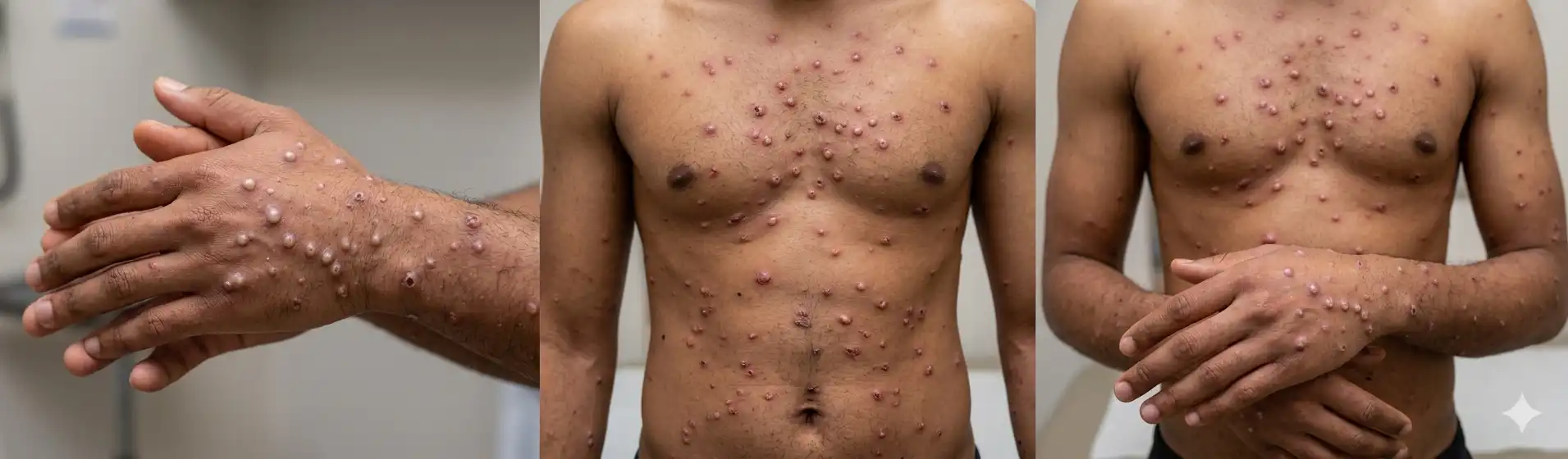 Imagem que mostra um caso de mpox em adulto, com várias lesões na pele do tronco e braços, destacando a necessidade de cuidado médico urgente.
