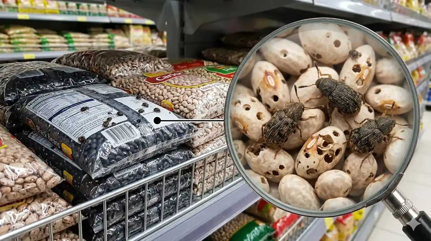 Inseto com manchas brancas e pretas, conhecido por infestar alimentos como feijão e grãos pequenos, posicionado sobre sementes de feijão em prateleira de supermercado.