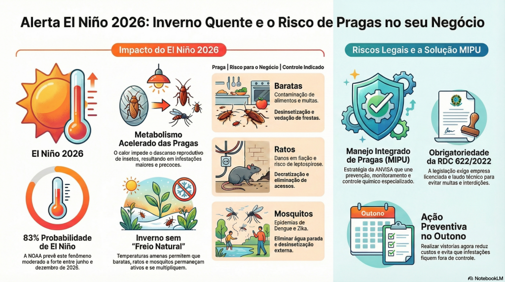 Infográfico detalhado sobre os riscos de pragas no inverno quente de 2026. Destaque para dicas de prevenção e estratégias de controle para proteger seu negócio.
