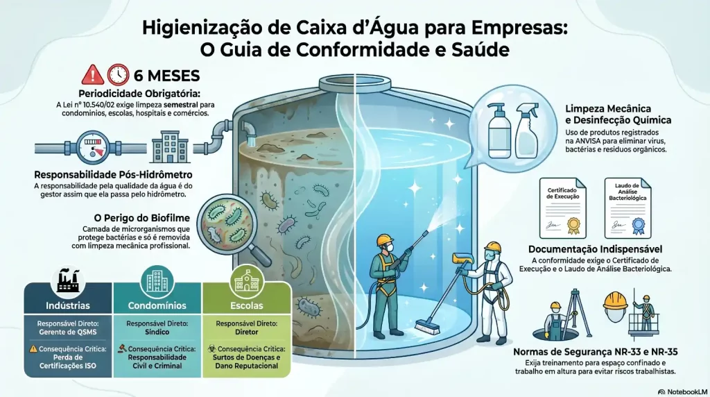 Infográfico sobre higienização de caixa d’água para empresas: guia de conformidade e saúde, limpeza mecânica e desinfecção, perigo de biofilme, periodicidade e documentação necessária, com normas NR-33 e NR-35.