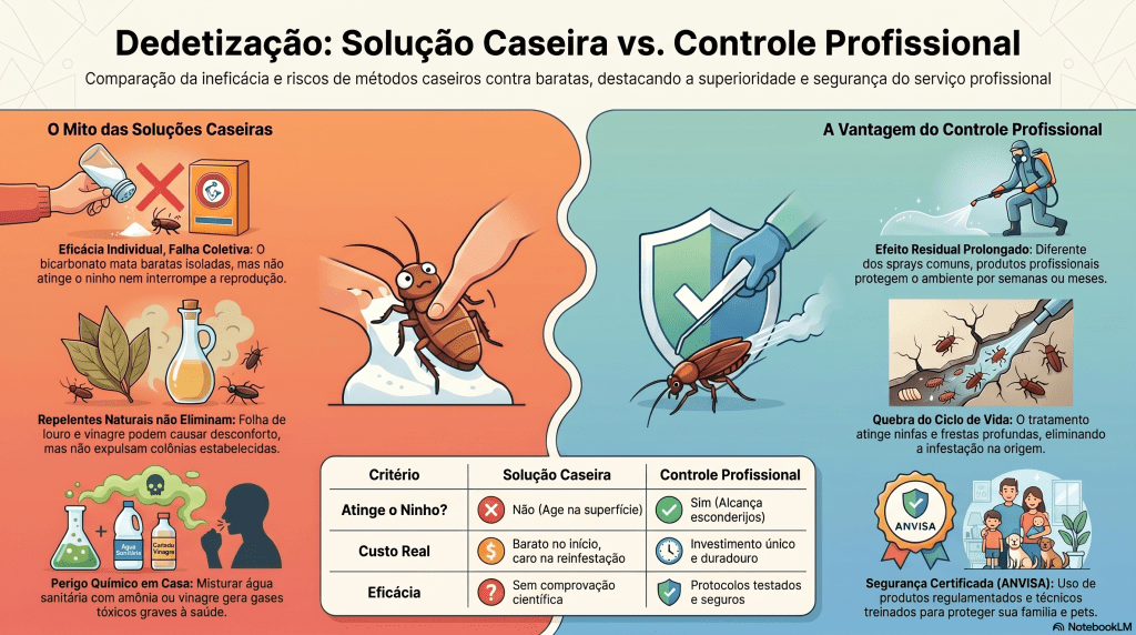 Infográfico explicativo sobre como soluções caseiras não eliminam as infestações.