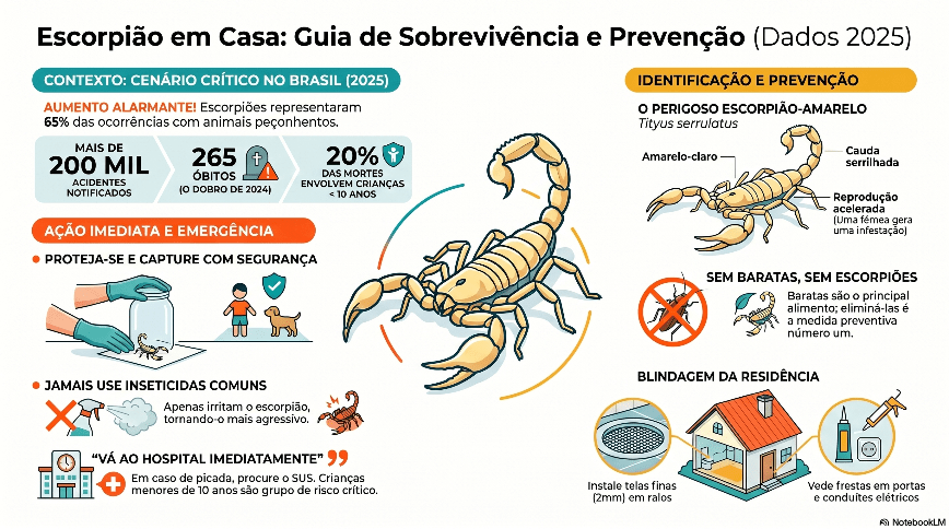 Infográfico em português sobre escorpião em casa: identificação e prevenção do escorpião-amarelo, alertas no Brasil (2025), ações de emergência, cuidados para evitar picadas e medidas de blindagem da residência.