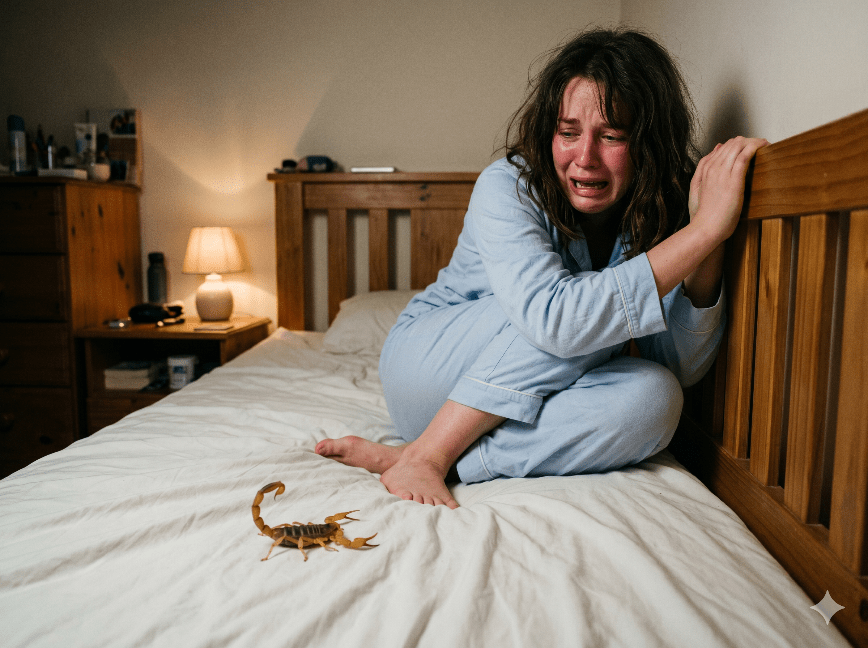Mulher na cama com expressão de dor e preocupação, agarrando a cabeceira enquanto um escorpião está no lençol ao lado, em um quarto com iluminação aconchegante ao fundo.