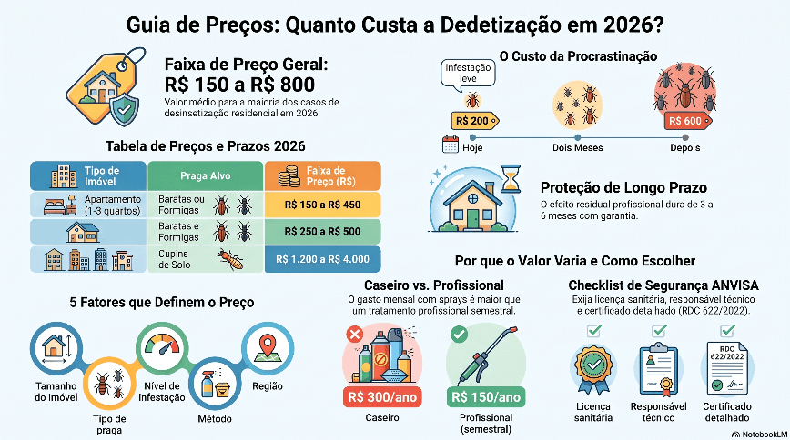 Infográfico sobre guia de preços da dedetização em 2026, com faixa de preço geral de R$150 a R$800, tabela por tipo de imóvel e prazos, fatores que influenciam o valor e checklist de segurança ANVISA.