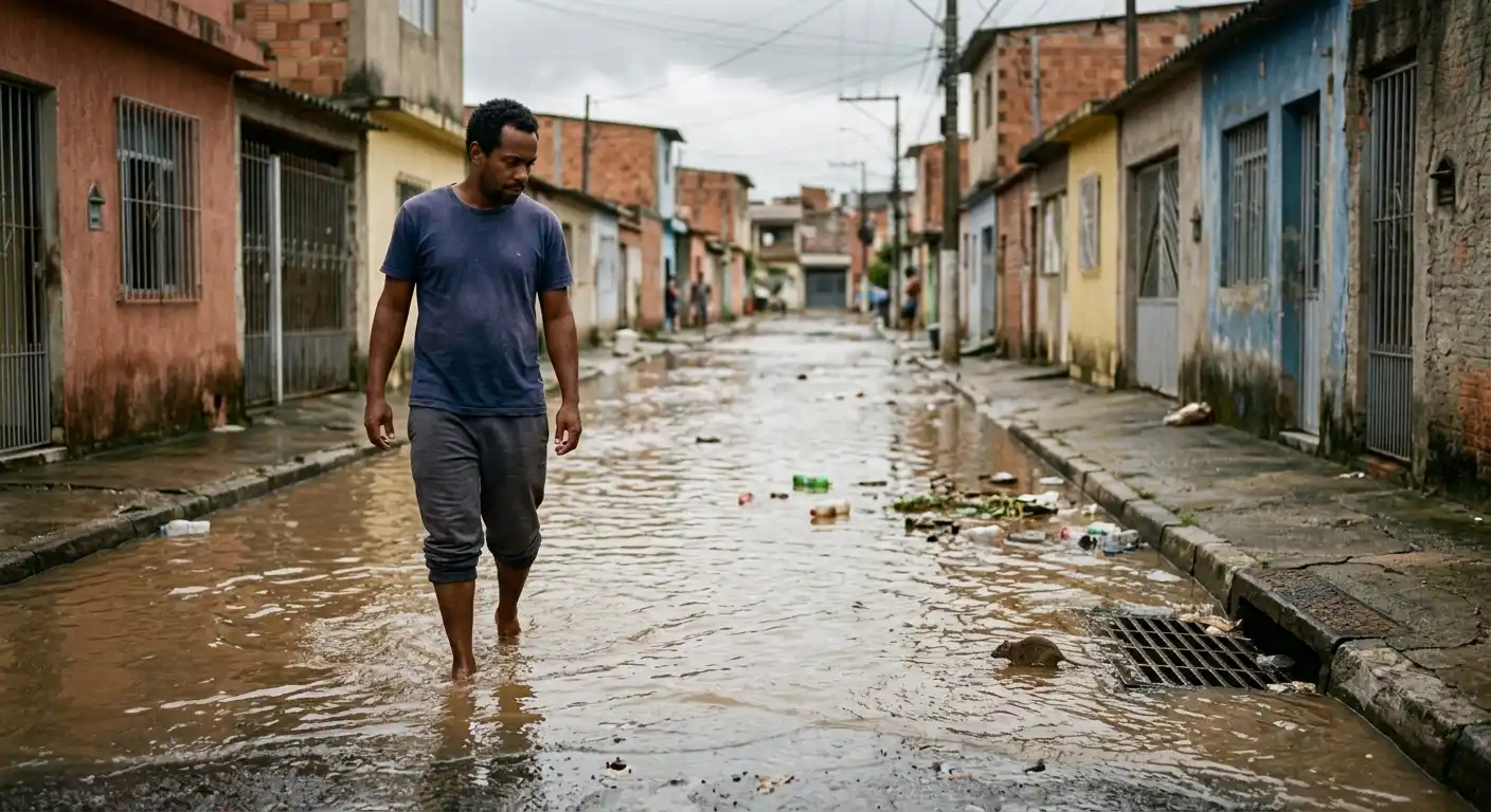 Homem caminhando em rua alagada e suja, com resíduos no chão e poças entre casas e muros, cenário que pode representar risco de contaminação por como pega leptospirose em áreas com água contaminada.