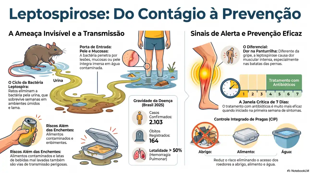 tudo sobre leptospirose: Infográfico sobre leptospirose com ilustrações do ciclo da bactéria, transmissão por urina e água contaminadas, sinais de alerta, prevenção e tratamento