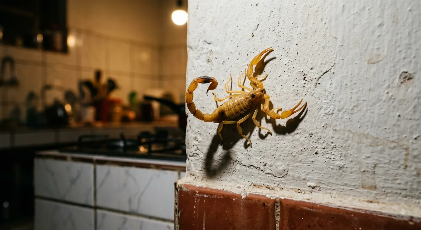 Escorpião amarelo sobre parede branca com textura e pequenas rachaduras, próximo a uma borda de tijolo e com cozinha ao fundo desfocada.