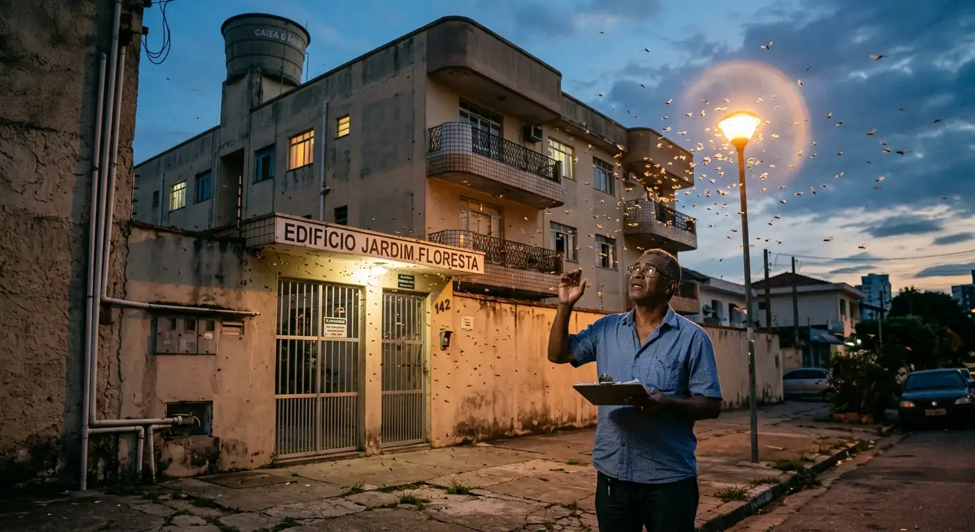 Homem trabalhando em frente a um edifício com placa “EDIFÍCIO JARDIM FLORESTA”, enquanto insetos voam ao redor, indicando ação de Descupinização de edifícios em área externa.