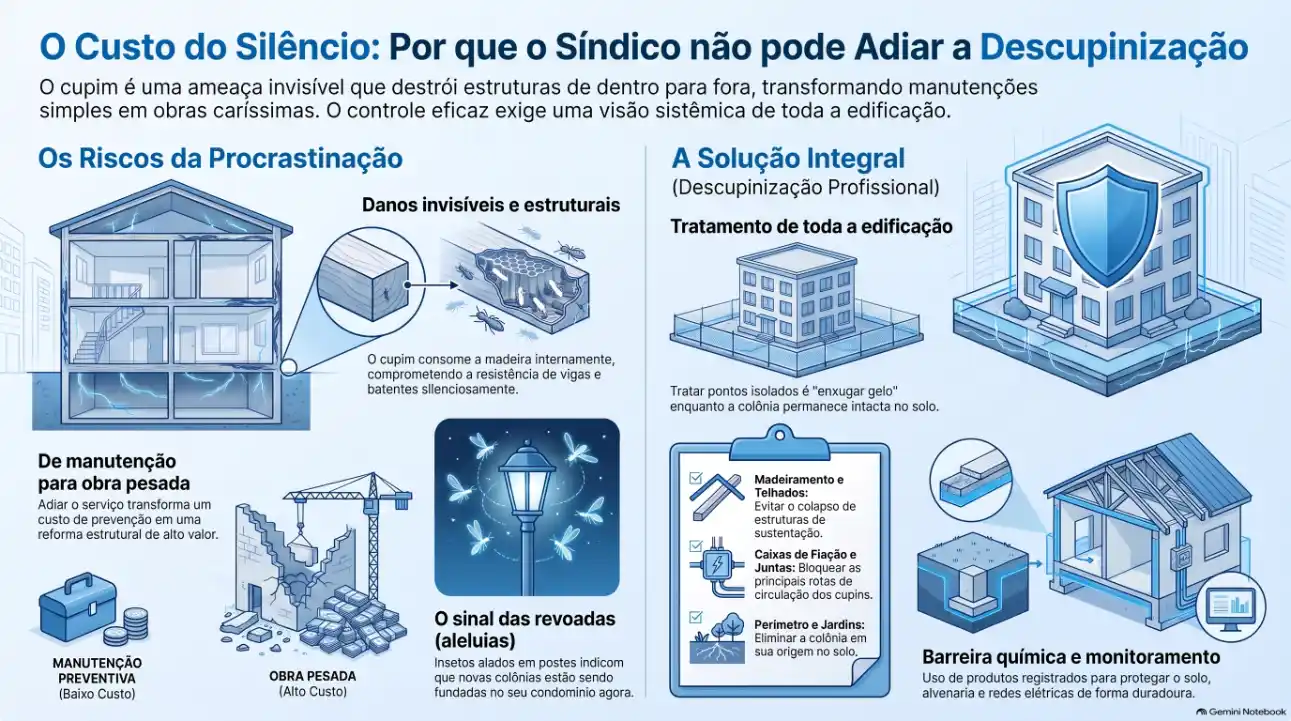 Infográfico sobre Descupinização de edifícios: explica custos do silêncio, riscos da procrastinação, danos estruturais por cupins e solução integral com tratamento profissional, inspeção e monitoramento.