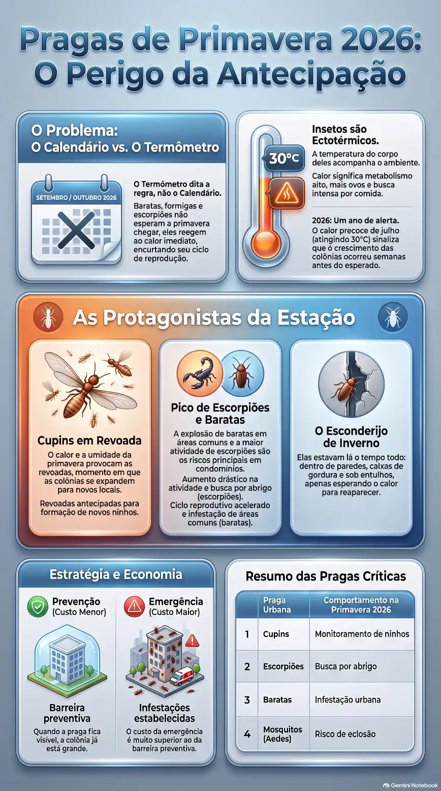 Infográfico “Pragas de Primavera 2026: O Perigo da Antecipação” com alertas sobre cupins, escorpiões, baratas e mosquitos, incluindo mapas, alertas de temperatura e tabela de pragas críticas.