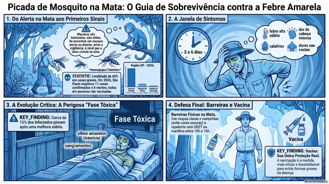 Infográfico em quadrinhos sobre sobrevivência na mata e sinais da febre amarela, com alerta de mosquito, janela de sintomas e orientação de vacinação, além de efeitos como febre e dor de cabeça.