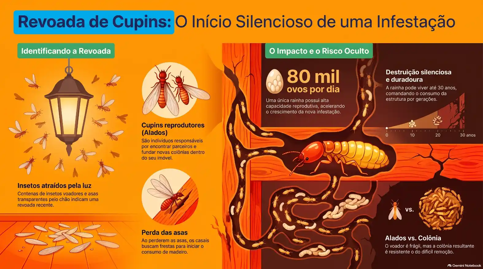 Infográfico sobre revoada de cupins: insetos atraídos pela luz, reprodução dos cupins alados, perda de asas e impacto da infestação com estimativa de 80 mil ovos por dia e risco oculto.