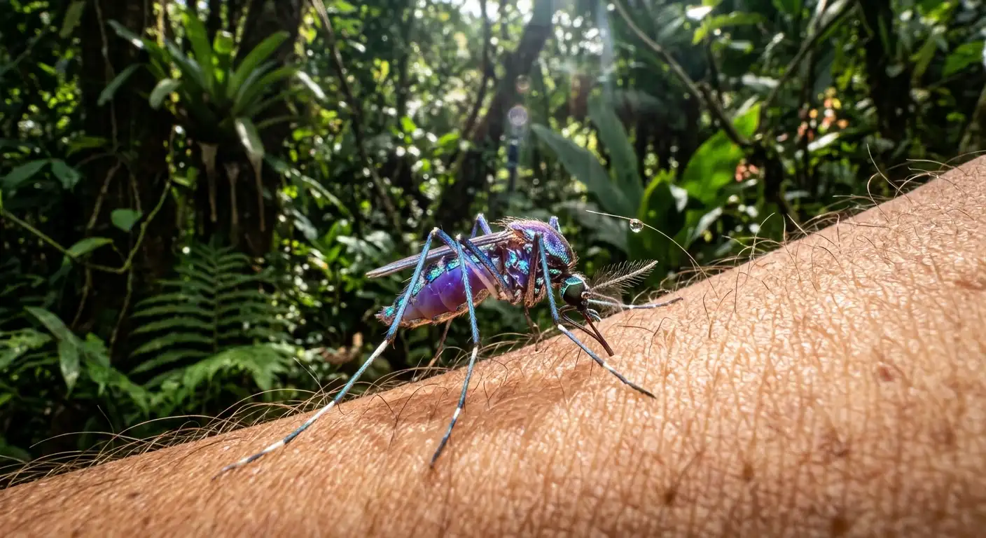picada de mosquito e febre amarela: picada de mosquito em pele humana com inseto pousado na superfície, em ambiente natural com vegetação ao fundo, destacando o risco de doenças como febre amarela