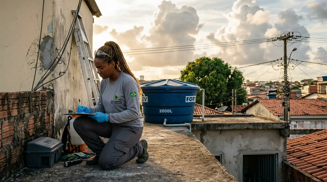 contrato-anual-de-controle-de-pragas-para-empresas-tecnica-limpeza-telhado-ambiente-urbano-controle contrato anual de controle de pragas para empresas: Técnica realiza limpeza e manutenção em telhado, usando luvas e trabalhando ao lado de caixas e recipientes para controle ambiental em ambiente urbano